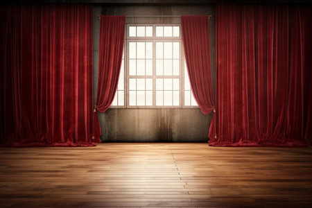 Generative AI : old interior with red curtains brick wallの素材