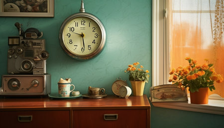 Generative AI : room with vintage clock on wall retro filtered instagram styleの素材