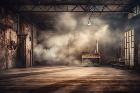 Generative AI : photo studio in old grunge room with fog and smokeの素材