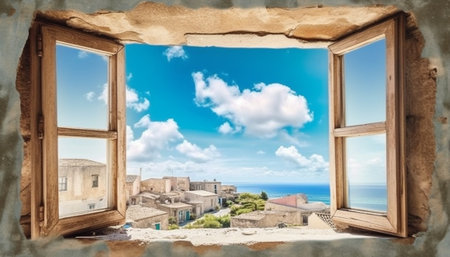Generative AI : old wall with blue sky windowの素材
