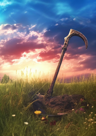 Generative AI : idyllic view of grass blade on the sunset sky backgroundの素材