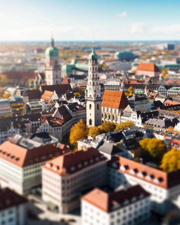 Generative AI : Aerial view of Munich over Theatine Church of St Cajetan Theatinerkirche St Kajetan Munich Bavaria Germany in day timeの素材