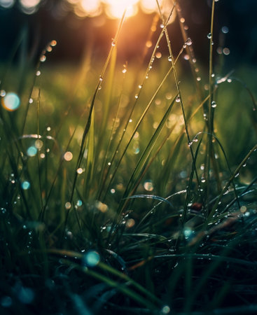Generative AI : Abstract vintage blurred soft hipster background of grass with shiny dew water dropsの素材