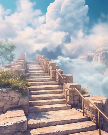 Generative AI : Amazing natural mysterious landscape in the Avakas canyon in Cyprus National wild sunny park with stairs leading to the sunの素材