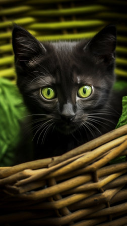 Generative AI : Black fluffy kitten portrait in the basketの素材