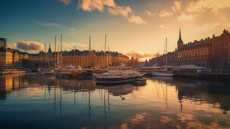 Generative AI : Beautiful sunset near subway station Slussen in the center of Stockholm the capital of Swedenの素材