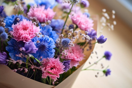 Generative AI : Bouquet of summer flowers with blue bokeh and copy spaceの素材