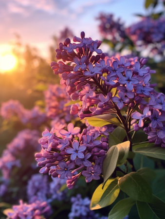 Generative AI : Branch of lilac flowers with the leaves macro image with sunshineの素材