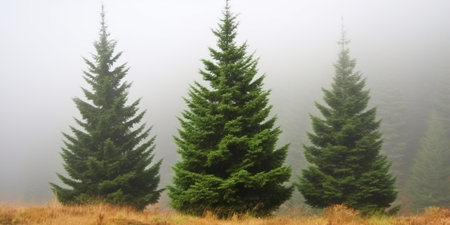 Generative AI : Foggy morning summer landscape with fir tree seasonal travel backgroundの素材