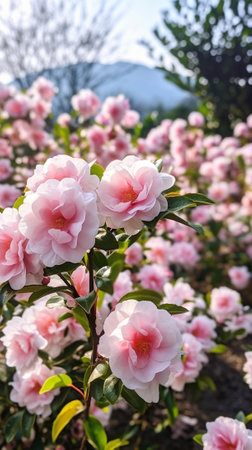 Generative AI : Fresh pink flowers of sakura growing in the garden natural spring outdoor background with sun shining and copy spaceの素材