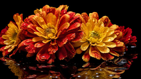 Generative AI : Chrysanthemum orange and yellow flowers with green leaaves and water reflection floral backgroundの素材