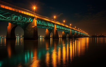 Generative AI : Havana bridge in Kiev at night with colorful illumination beautiful clouds and reflection in Dnieper river Wide angleの素材