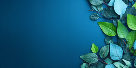 Generative AI : Green birch tree spring leaves on the grunge dark blue background with copyspace Seasonal and greeting conceptの素材