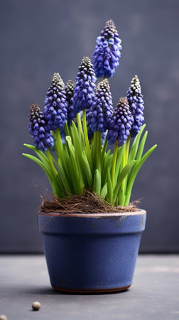 Generative AI : Muscari neglectum flowers in the spring garden with copy spaceの素材