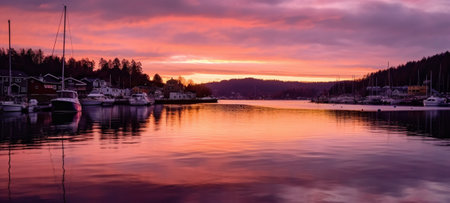 Generative AI : View of small swedish european town Soderhamn at pink sunsetの素材