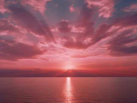 Generative AI : Dramatic sea with sun rays and clouds in pink colorsの素材