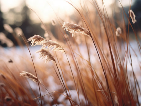 Generative AI : Frozen meadow plant natural vintage winter background macro image with sun shiningの素材