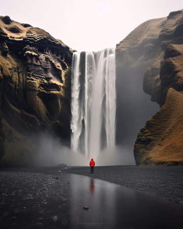 Generative AI : Single man standing near Scogafoss waterfall in Iceland and spread his hands Travel summer nordic conceptの素材