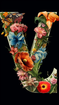 Generative AI : alphabetical letter V made of flowers clipping pathの素材