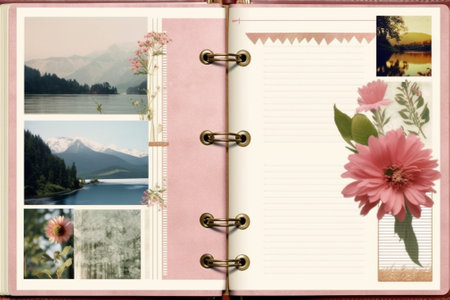 Generative AI : Vintage photo album page with empty photosの素材