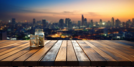 Generative AI : antique table table on the balcony blue sunset sky and wooden floor backgroundの素材