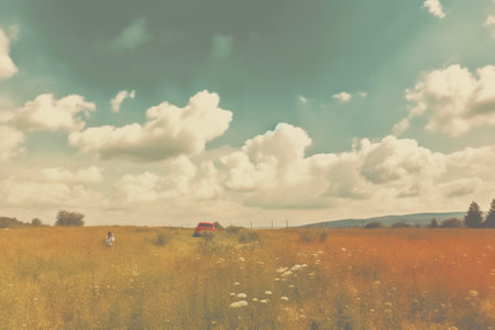 Generative AI : beautiful sky and summer fields retro film filtered instagram styleの素材