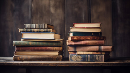 Generative AI : stack of old books on wooden tableの素材
