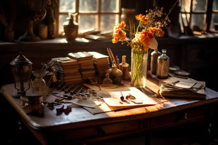 Generative AI : vintage desk in old wooden interior with light bulbの素材