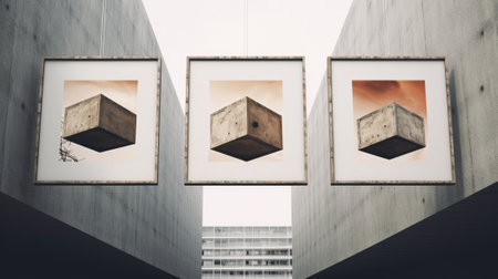 Generative AI : three grey frames on old dirty wall retro filtered instagram styleの素材