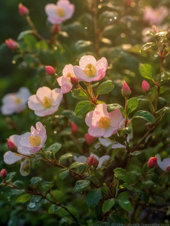 Generative AI : Flowers of dogrose rosehip growing in natureの素材