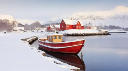Generative AI : Fisherman village in Sweden at winter after sunset panoramaの素材