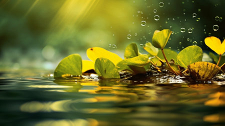 Generative AI : Green and yellow fall leaves of Ginkgo Biloba healing plant nature sunny background with water reflectionの素材