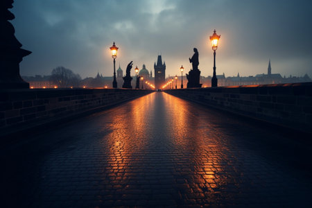Generative AI : Famous Charles Bridge in Prague view to the Old City travel dramatic backgroundの素材