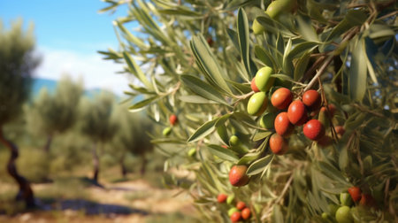 Generative AI : Olive tree with fruits natural sunny agricultural food backgroundの素材