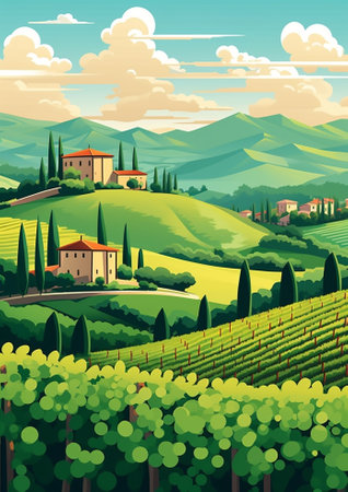 Generative AI : Beautiful summer morning landscape with foggy hills and Tuscany farm houses travel italian backgroundの素材