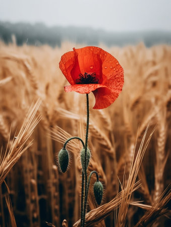 Generative AI : Red poppy flower blooming in the green grass field floral natural spring background can be used as image for remembrance and reconciliation dayの素材