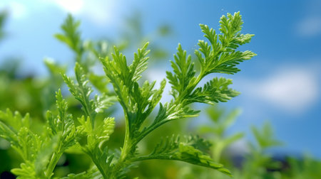 Generative AI : Green nettle plants on the blue sky backgroundの素材
