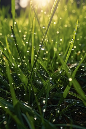 Generative AI : Green grass on a meadow with shiny dew water drops abstract natural backgroundの素材