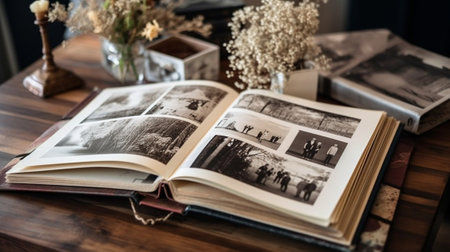 Generative AI : Vintage photo album with blanked photos on old wooden textureの素材