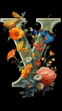 Generative AI : alphabetical letter Y made of flowers clipping pathの素材