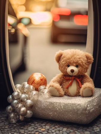 Generative AI : Old dirty Teddy bear toy sitting in the retro baby carriage on the street lost lonely children concept vintage hipster grunge imageの素材