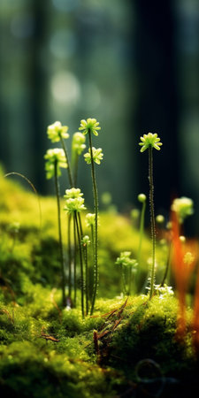Generative AI : Blooming stagshorn clubmoss Lycopodium clavatum growing in the green spring forest botanical natural backgroundの素材