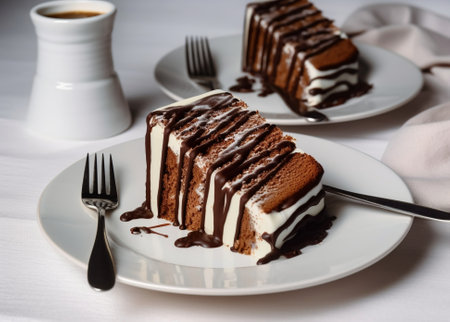 Generative AI : Two cakes on the plate shallow depth of fieldの素材