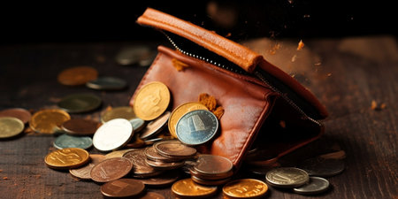 Generative AI : Polish money zloty banknotes coins and wallet on the tableの素材