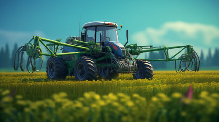 Generative AI : Farm machinery spraying insecticide to the green field agricultural natural seasonal spring backgroundの素材
