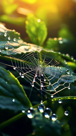 Generative AI : Green summer plants with dew water drops and shiny web macro sunny backgroundの素材