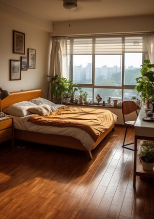 Generative AI : brown wooden table in the bedroomの素材