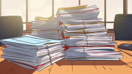 Generative AI : set of old folders with stack of papers vectorの素材