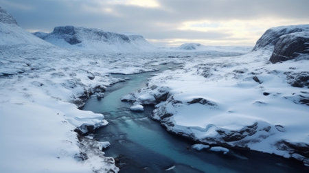 Generative AI : View of beautiful winter landscape with snowy mountains and small tundra trees at Lofoten Islands in Northern Norway Seasonal backgroundの素材
