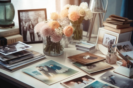 Generative AI : vintage photoframes on tableの素材